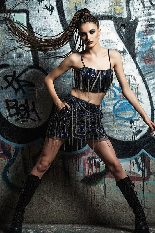 Pennello Berghain set: hand-embroidered black set covered in diamond tassels, photo 2 of 4