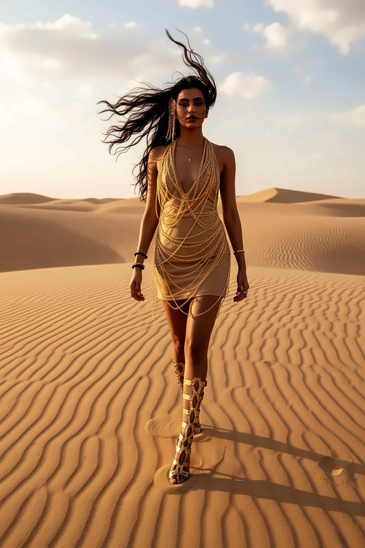 Pennello Dune dress draped in hand-embroidered gold chains, photo 2 of 5