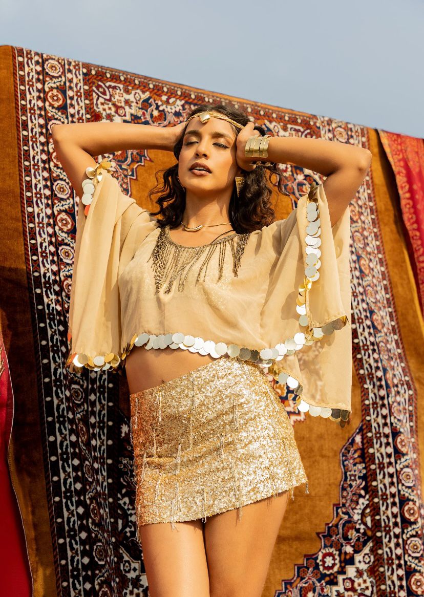 The Pennello Moroccan gold 3 piece set: sequin bikini, embroidered kaftan and sequin skirt in gold