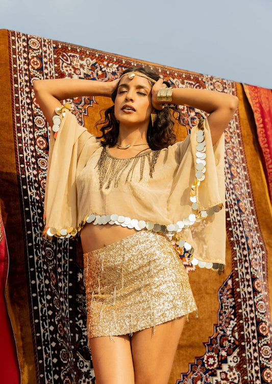The Pennello Moroccan gold 3 piece set: sequin bikini, embroidered kaftan and sequin skirt in gold
