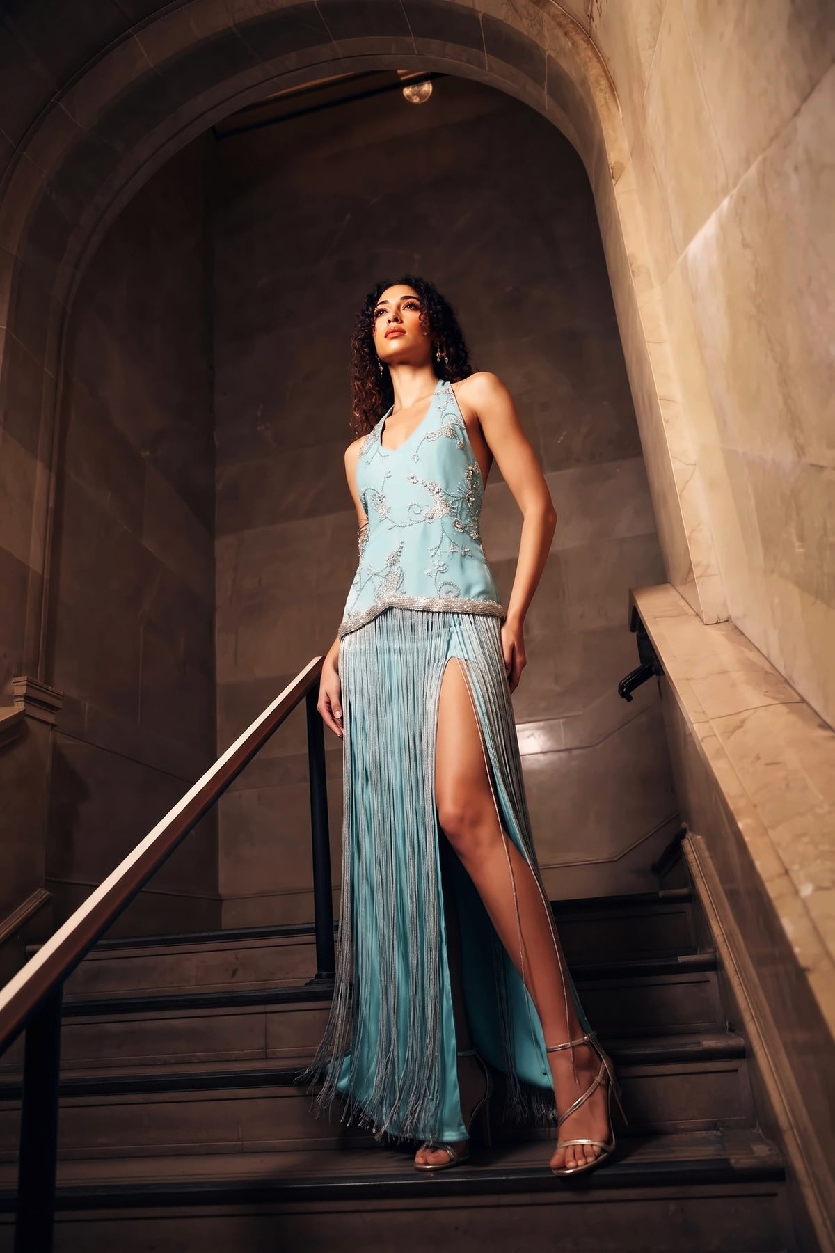Pennello Aqua dress: hand-embroidered halter with silk tassels and a slit