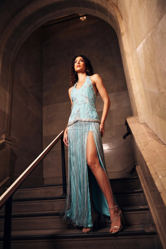 Pennello Aqua dress: hand-embroidered halter with silk tassels and a slit