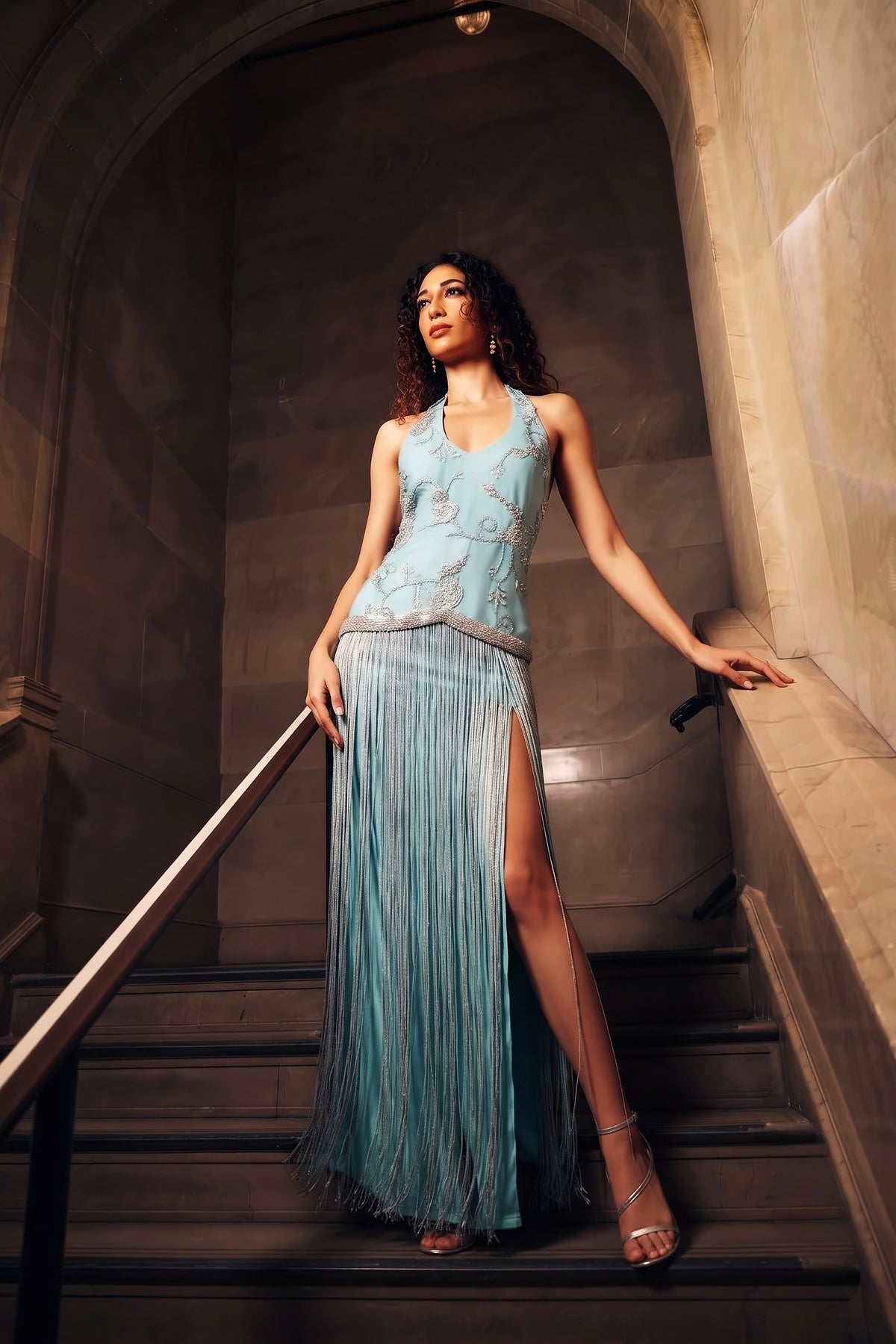 Pennello Aqua dress: hand-embroidered halter with silk tassels and a slit, photo 2 of 3
