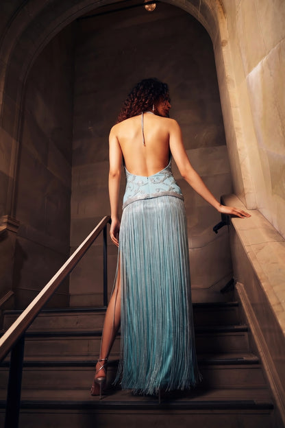 Pennello Aqua dress: hand-embroidered halter with silk tassels and a slit, photo 3 of 3