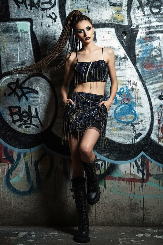 Pennello Berghain set: hand-embroidered black set covered in diamond tassels