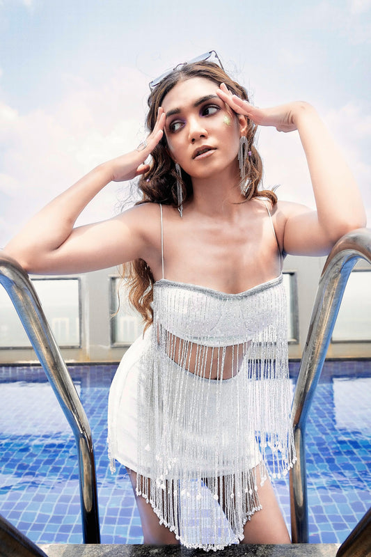 Pennello Ibiza co-ord set: sequin corset and skirt with hand-embroidered beaded tassels