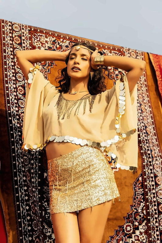 Pennello Moroccan gold 3 piece set: sequin bikini, embroidered kaftan and sequin skirt in gold