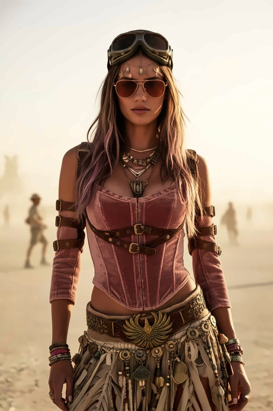 Pennello Tribe set: velvet corset and gloves with hand-embellished trinket belts